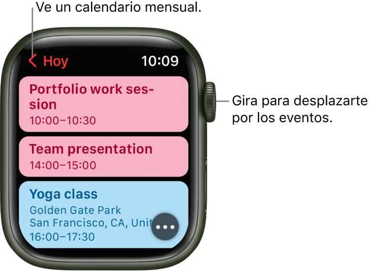 La pantalla de Calendario mostrando una lista de los eventos del día.