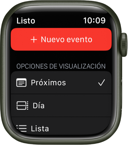 La pantalla de la app Calendario muestra el botón Evento nuevo en la parte superior y tres opciones de visualización debajo: Próximos, Día y Lista.