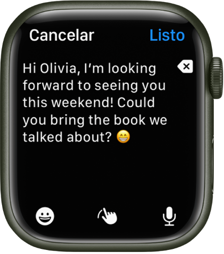 La app Mail muestra una pantalla en la que puedes redactar un mensaje de correo. El cuerpo del texto está cerca de la parte superior, y el botón Eliminar está a la derecha. En la parte inferior están los botones Emoji, Escribir a mano y Dictar. Hay un botón Listo en la esquina superior derecha.