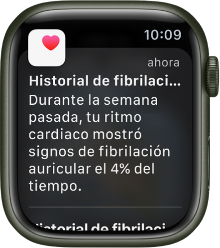 Una notificación del historial de fibrilación auricular indicando que se presentaron indicios de fibrilación auricular el cuatro por ciento del tiempo la semana anterior.