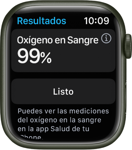 Pantalla de resultados de Oxígeno en Sangre mostrando una saturación de oxígeno en la sangre del 99 por ciento. Debajo se encuentra el botón Listo.