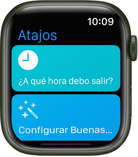 La app Atajos en el Apple Watch muestra dos atajos: ¿A qué hora debo salir? y Establecer buenas noches.