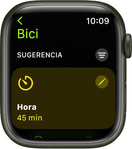 La app Entrenamiento muestra una pantalla para editar un entrenamiento Bici al aire libre. El cuadro de tiempo está en el centro y tiene un botón Editar en la parte superior derecha. El tiempo actual está configurado a 45 minutos.