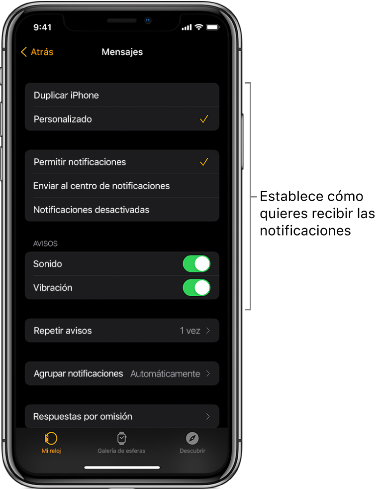 Ajustes de Mensajes en la app Apple Watch del iPhone. Puedes seleccionar si quieres que te muestren los avisos, que se active el sonido, que se active la vibración y que se repitan los avisos.