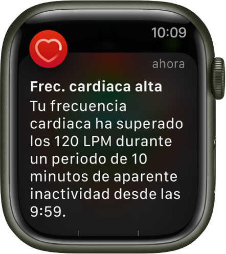 La pantalla de “Pulsaciones altas” con una notificación que dice que tu frecuencia cardiaca ha estado por encima de los 120 LPM mientras estabas en reposo durante 10 minutos.