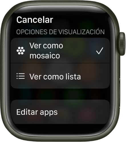 Pantalla de opciones de visualización con los botones “Visualización de mosaico” y “Visualización de lista”. El botón “Editar apps” está en la parte inferior de la pantalla.