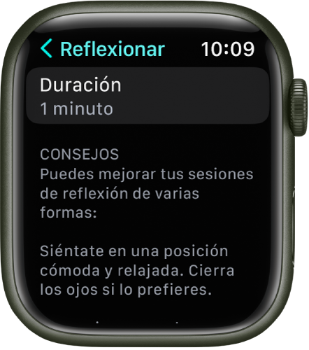 Pantalla de la app Mindfulness con una duración de un minuto en la parte superior. Debajo hay consejos para ayudar a mejorar una sesión de reflexión.