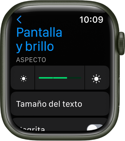 Los ajustes “Pantalla y brillo” del Apple Watch, con el regulador de brillo arriba y el botón “Tamaño del texto” abajo.