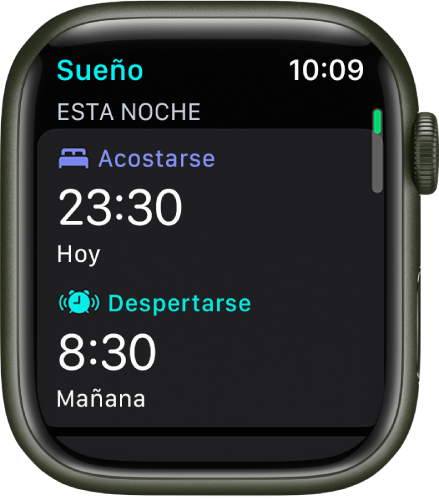La app Sueño con el horario de sueño nocturno. En la parte de arriba aparece “Hora de acostarse” y, debajo, la hora de Despertarse.