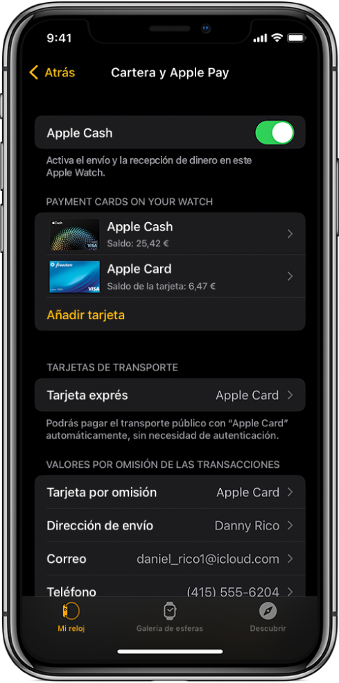 Pantalla de “Cartera y Apple Pay” en la app Apple Watch del iPhone. La pantalla muestra las tarjetas añadidas al Apple Watch, la tarjeta que has elegido usar como tarjeta exprés y los ajustes de transacción por omisión.