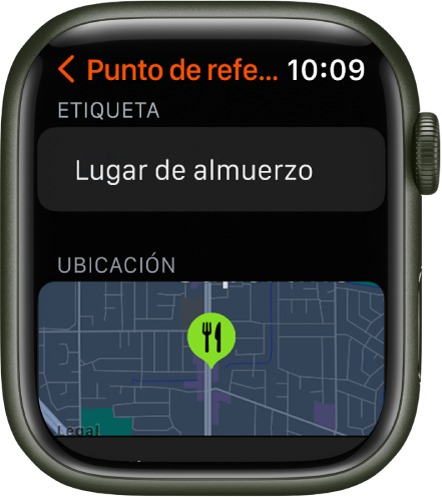 La app Brújula con la pantalla de edición de un punto de referencia. En la parte superior está el campo de etiqueta. Abajo está la zona de ubicación, que muestra la ubicación del punto de referencia en un mapa. Al punto de referencia se le ha aplicado el símbolo de comedor.