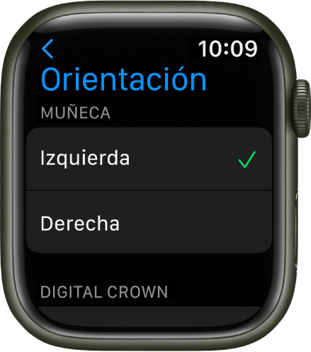 La pantalla de Orientación en el Apple Watch Puedes ajustar las preferencias en cuanto a la muñeca y la corona Digital Crown.