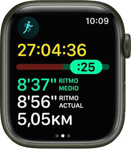 La app Entreno en el Apple Watch con el análisis del ritmo en un entreno Correr. En la parte de arriba aparece la duración de la actividad de correr. Debajo se ve un regulador que indica cuánto has recorrido o si vas con retraso respecto a tu ritmo. Debajo aparecen los datos de ritmo medio, ritmo actual y distancia.