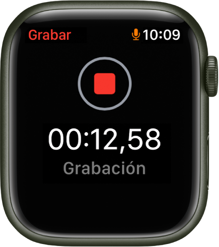 La app Notas de Voz en mitad de la grabación de una nota. Un botón rojo Detener se muestra casi al principio. Debajo aparece el tiempo que lleva la grabación con la palabra “Grabando” debajo.