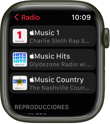 La pantalla de Radio con tres emisoras de Apple Music.