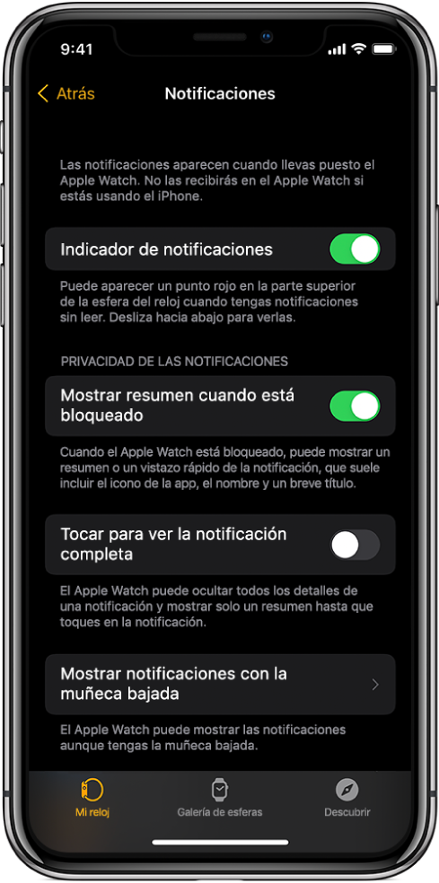 La pantalla Notificaciones de la app Apple Watch del iPhone, con fuentes de notificaciones.