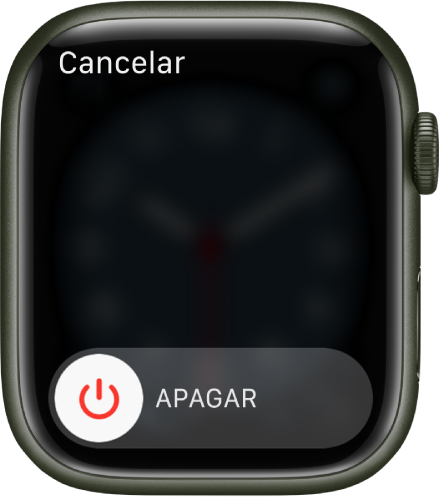 La pantalla del Apple Watch, con el regulador de apagado. Arrastra el regulador Apagar para apagar el Apple Watch.