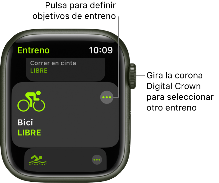 La pantalla Entreno, con el entreno Bici resaltado. En la esquina superior derecha de la ficha del entreno se muestra un botón Más. Arriba se muestra una parte del entreno “Correr en cinta”. Debajo se muestra una parte del entreno de natación en exteriores.