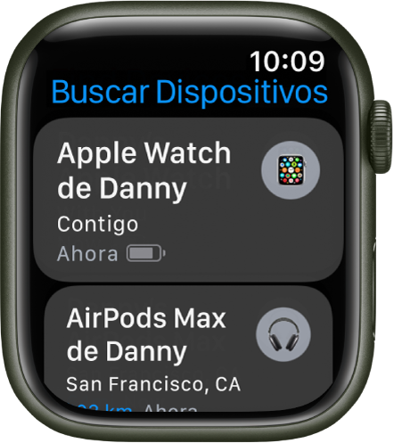 App Buscar Dispositivos con dos dispositivos: un Apple Watch y unos AirPods.