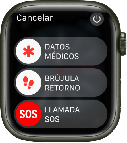 Pantalla del Apple Watch con tres reguladores: “Datos médicos”, “Retorno de la brújula” y “Llamada SOS”. Arriba a la derecha se muestra un botón de encendido.
