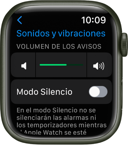 Ajustes de “Sonidos y vibraciones” del Apple Watch, con el regulador “Volumen de aviso” en la parte superior y la opción del modo Silencio debajo.