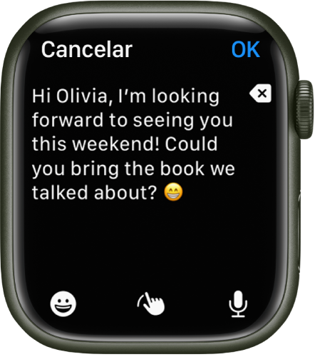 La app Mail muestra una pantalla donde puedes redactar un mensaje de correo electrónico. El cuerpo del mensaje está cerca de la parte superior y a la derecha hay un botón para eliminar. Los botones Emoji, “Escribir a mano” y de dictado están abajo. Arriba a la derecha se muestra un botón OK.