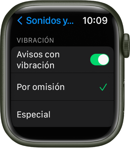 Ajustes de “Sonidos y vibraciones” en el Apple Watch, con el interruptor “Avisos con vibración”, y debajo las opciones “Por omisión” y Especial.