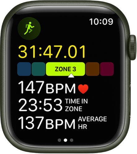 Rakendus Workout kuvab pooleliolevat treeningut Outdoor Run. Ekraanil on statistika loend. Loendis on möödunud aeg, Heart Rate Zone, südamepulss, aeg kindlas pulsitsoonis ning keskmine südamepulss.