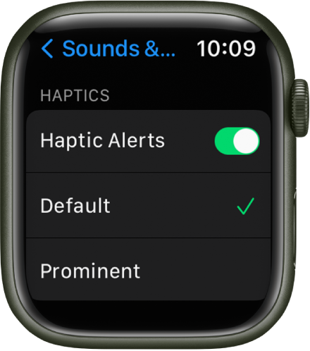 Apple Watchi seaded Sounds & Haptics, lülitiga Haptic Alerts ning selle all valikutega Default ja Prominent.