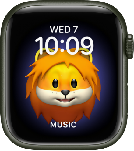 Memoji kellakuva, kus saate reguleerida Memoji tegelaskuju ning all on komplikatsioon. Puudutage Memoji animeerimiseks kellakuva. Üleval on kuupäev ja kellaaeg ning all komplikatsioon Music.