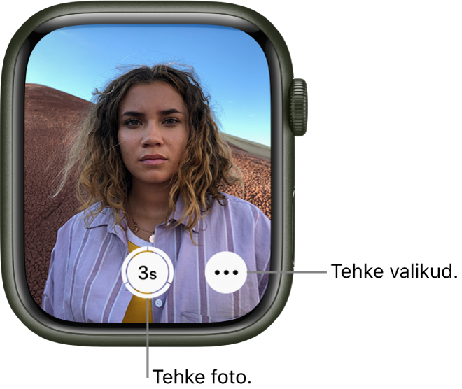 Kaamera distantspäästikuna kasutamisel kuvatakse Apple Watchi ekraanil iPhone'i kaameravaadet. All keskel on nupp Take Picture ning sellest paremal nupp More Options. Pärast foto tegemist kuvatakse all vasakul nupp Photo Viewer.