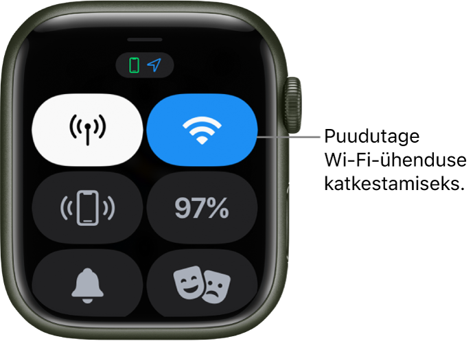 Apple Watchi (GPS + Cellular) Control Center, kus üleval paremal kuvatakse nuppu Wi-Fi. Väljaviigus on kirjas “Puudutage Wi-Fi-ühenduse katkestamiseks”.
