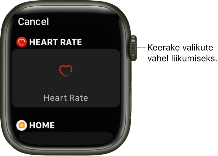 Kellakuva kohandamise kuva, kus on esile tõstetud komplikatsioon Heart Rate. Komplikatsioonide sirvimiseks keerake Digital Crowni.