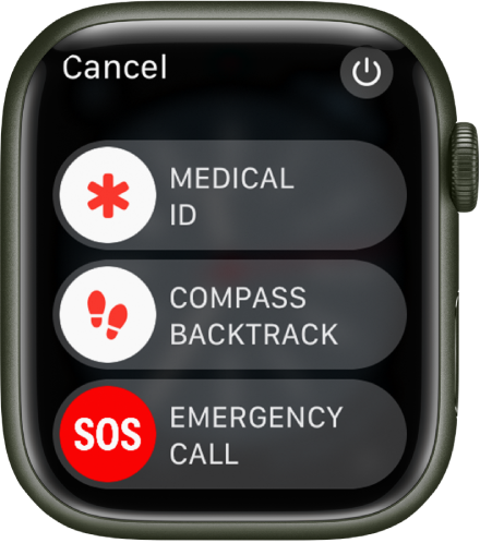 Apple Watchi kuva koos kolme liuguriga: Medical ID, Compass Backtrack ja Emergency Call. Paremal üleval on nupp Power.