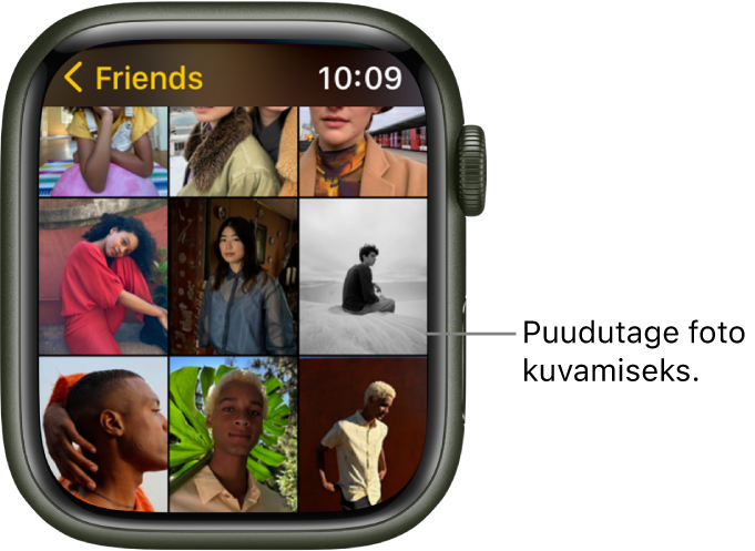 Apple Watchi rakenduse Photos põhikuva koos mitme võrgustikus kuvatava fotoga.