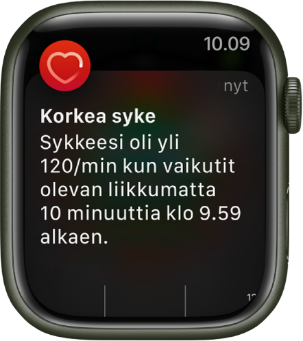 Korkea syke ‑näyttö, jossa näkyy ilmoitus, että sykkeesi nousi yli arvon 120/min aikana, jolloin et ollut aktiivinen 10 minuuttiin.