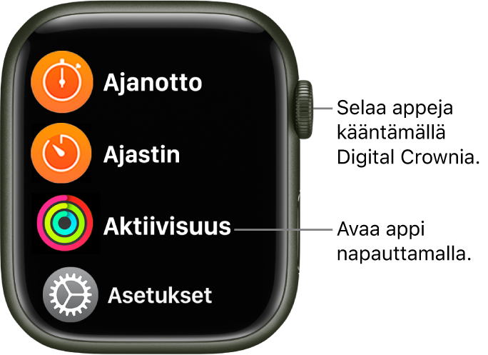 Koti-valikko luettelonäkymässä Apple Watchissa, apit luettelona. Avaa appi napauttamalla. Katso lisää appeja vierittämällä.