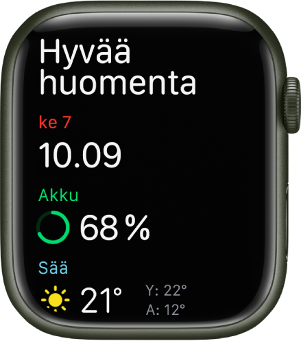 Apple Watch, jossa näkyy herätysnäyttö. Ylhäällä näkyvät sanat Hyvää huomenta. Alhaalla ovat päivämäärä, aika, jäljellä oleva akku prosentteina ja sää.