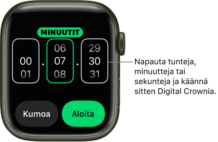 Muokatun ajastimen luomisen asetukset, joissa tunti on vasemmalla, minuutit keskellä ja sekunnit oikealla. Aloita- ja Kumoa-painikkeet ovat alhaalla.