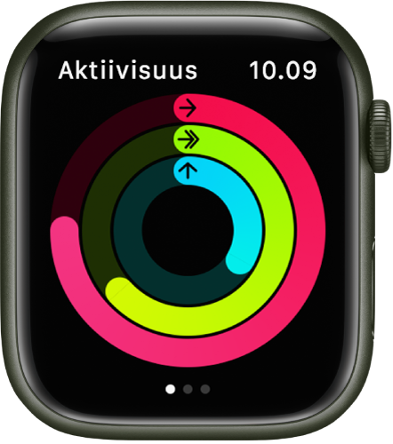 Aktiivisuus-näyttö, jossa on kolme ympyrää: Arkiliikunta, Liikunta ja Seisominen.