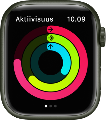 Aktiivisuus-näyttö, jossa on Arkiliikunta-, Liikunta- ja Seisominen-ympyrät.