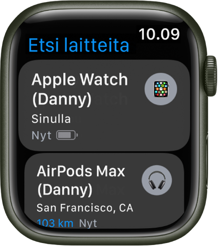 Etsi laitteita -apissa näkyy kaksi laitetta: Apple Watch ja AirPods-kuulokkeet.