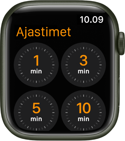 Ajastin-apin näyttö, joka näyttää nopeasti käytettävissä olevia 1, 3, 5 ja 10 minuutin ajastimia.