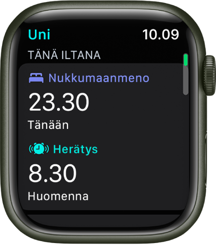 Apple Watchin Uni-näyttö, jossa näkyy illan uniaikataulu. Nukkumaanmenoaika näkyy ylhäällä ja herätysaika on sen alla.