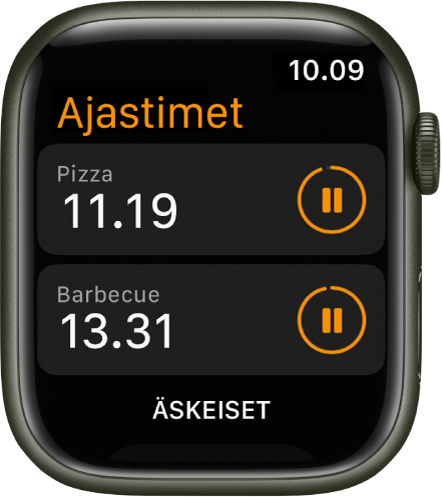 Kaksi ajastinta Ajastimet-apissa. Lähellä yläreunaa on ajastin nimeltä ”Pizza”. Sen alla on ajastin nimeltä ”Grillaus”. Jokaisessa ajastimessa näkyy jäljellä oleva aika ajastimen alla, ja oikealla pysäytyspainike. Näytön alareunassa on Äskeiset-painike.