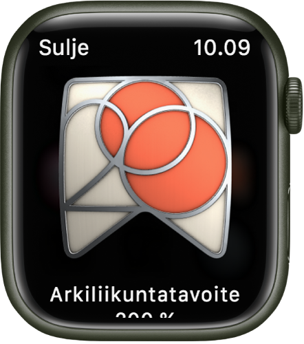 Palkinto näkyy Apple Watchissa. Palkinnon alla on sen kuvaus. Voit kääntää palkintoa vetämällä.