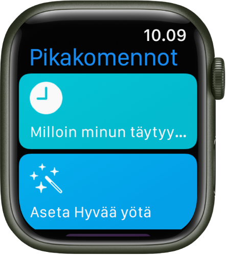 Pikakomennot-appi Apple Watchissa, näkyvillä on kaksi pikakomentoa: ”Milloin minun täytyy lähteä?” ja ”Nukkumaanmeno”.