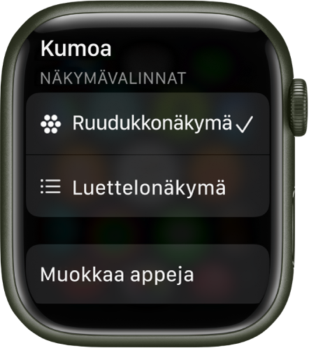 Näkymävalinnat-näyttö, jossa on Ruudukkonäkymä- ja Luettelonäkymä-painike. Näytön alareunassa on Muokkaa appeja -painike.