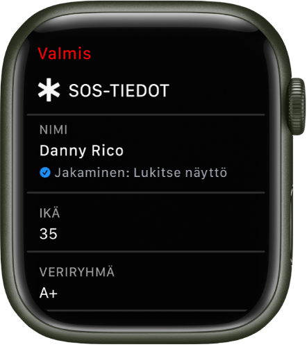Apple Watchin SOS-tiedot-näytöllä näkyy käyttäjän nimi, ikä ja verityyppi. Nimen alla on valintamerkki, jolla ilmoitetaan, että SOS-tiedot jaetaan lukitulla näytöllä. Valmis-painike on ylhäällä vasemmalla.
