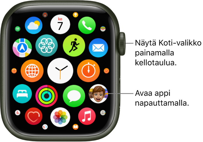 Koti-valikko ruudukkonäkymässä Apple Watchissa, apit rykelmänä. Avaa appi napauttamalla. Katso lisää appeja vetämällä.